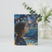 Mooi Meisje Nacht op de Oceaan Gemengde Media Briefkaart (Staand voorkant)