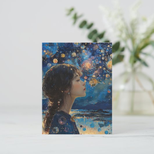 Mooi Meisje Nacht op de Oceaan Gemengde Media Briefkaart (Staand voorkant)