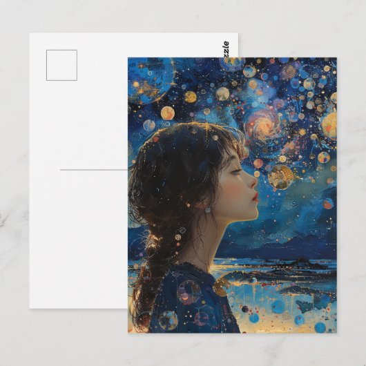 Mooi Meisje Nacht op de Oceaan Gemengde Media Briefkaart (Voorkant / Achterkant)