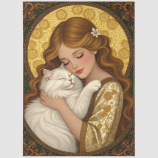 Mooi meisje omhelst kat Art Nouveau Decoupage  Tissuepapier