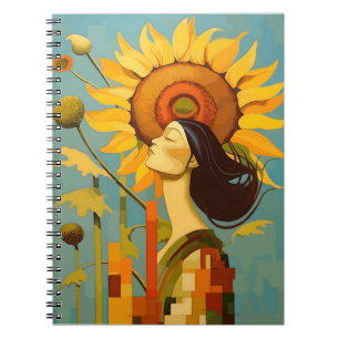 Mooi meisje op zoek naar de hemel zonnebloem notitieboek