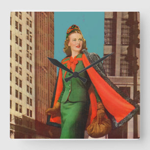 mooi meisje uit de jaren 40 in de stad vierkante klok