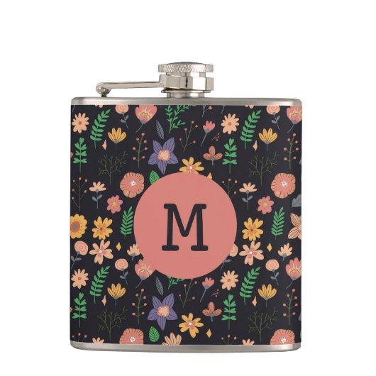 Mooi modern donker bloempatroon monogram heupfles (Voorkant)