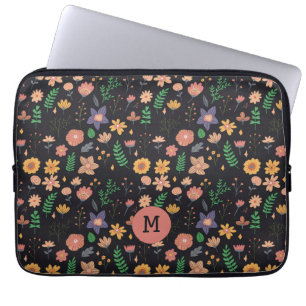 Mooi modern donker bloempatroon monogram laptop sleeve
