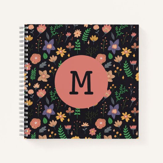 Mooi modern donker bloempatroon monogram notitieboek (Voorkant)