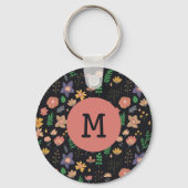 Mooi modern donker bloempatroon monogram sleutelhanger (Voorkant)