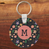 Mooi modern donker bloempatroon monogram sleutelhanger (Voorkant)