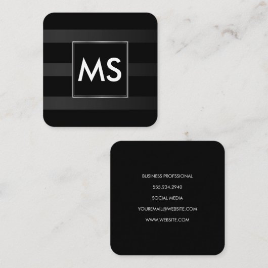 Mooi monogram Chic Stripes Faux Silver Lijst Vierkante Visitekaartje (Voorkant / Achterkant)