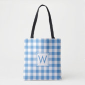 Mooi Monogram Lichtblauw Wit Gingham Patroon Tote Bag (Voorkant)