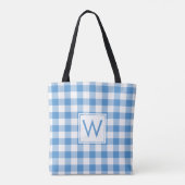 Mooi Monogram Lichtblauw Wit Gingham Patroon Tote Bag (Achterkant)