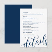 Mooi, Navy Blue Script, onze huwelijksgegevens Informatiekaartje (Voorkant / Achterkant)