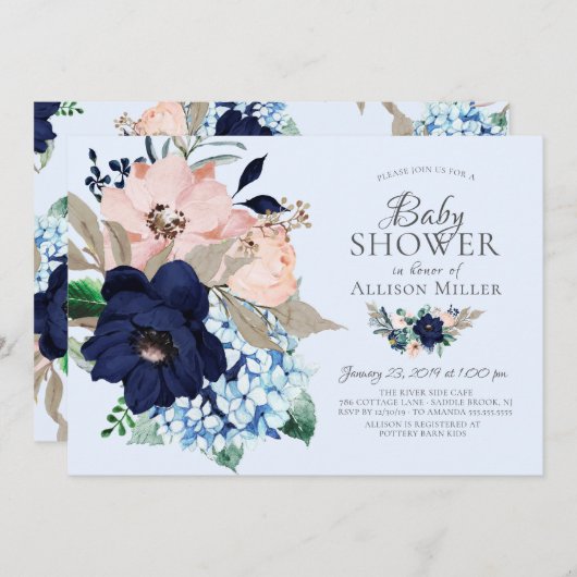 Mooi Navy & Blush Floral Baby shower Kaart (Voorkant / Achterkant)