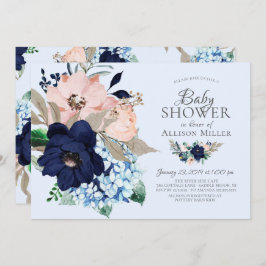 Mooi Navy & Blush Floral Baby shower Kaart