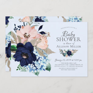 Mooi Navy & Blush Floral Baby shower Kaart