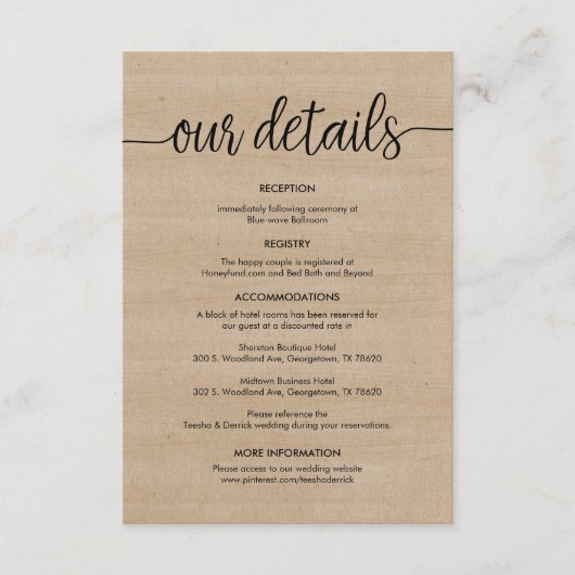 Mooi Onze bruiloft details, rustieke zwarte inkt Informatiekaartje (Voorkant)