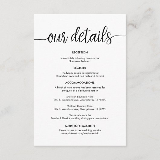 Mooi Onze bruiloft details, rustieke zwarte inkt Informatiekaartje (Voorkant)