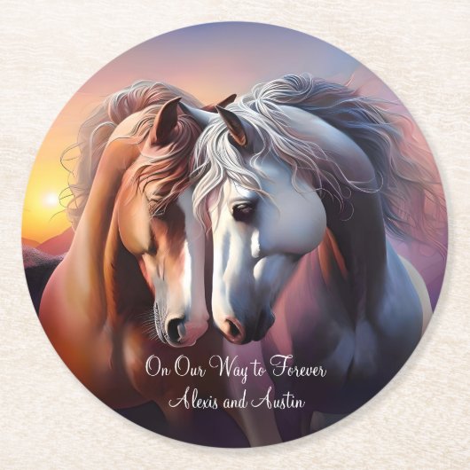 Mooi Paar Paarden Forever Jubileum Ronde Kartonnen Onderzetter (Voorkant)