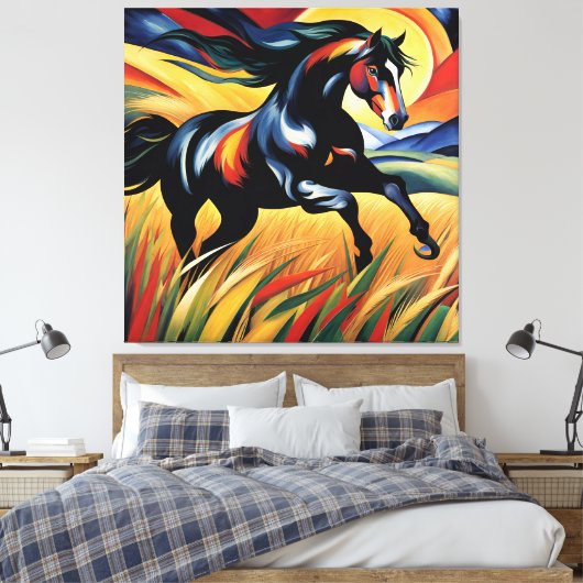 Mooi Paard Galloping in een Tarweveld Canvas Afdruk (Insitu (Slaapkamer))