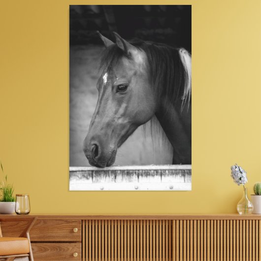 Mooi paard in schuur zwart en wit canvas afdruk (Insitu (Woonkamer))