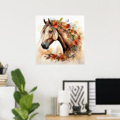 Mooi Paard met Bloemen Waterverf Poster (Thuiskantoor)