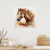 Mooi Paard met Bloemen Waterverf Poster (Keuken)