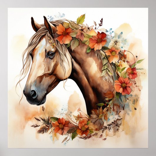 Mooi Paard met Bloemen Waterverf Poster (Voorkant)