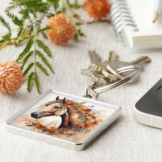 Mooi Paard met  Bloemen Waterverf Sleutelhanger (Zijkant)