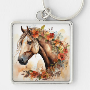 Mooi Paard met  Bloemen Waterverf Sleutelhanger