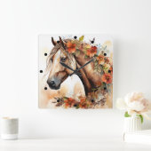 Mooi Paard met  Bloemen Waterverf Vierkante Klok (Huis)
