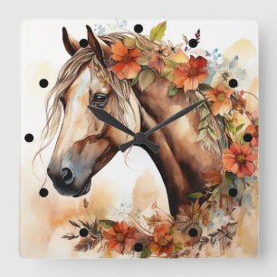 Mooi Paard met  Bloemen Waterverf Vierkante Klok