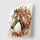 Mooi Paard met  Bloemen Waterverf Vierkante Klok (Hoek)