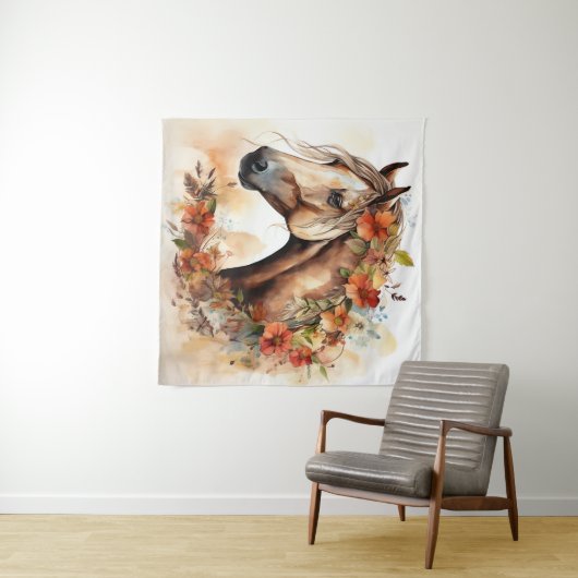 Mooi Paard met  Bloemen Waterverf Wandkleed (In Situ (horizontaal))