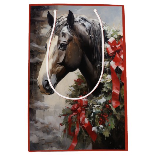 Mooi Paard met Winter Krans Kerstmis Medium Cadeauzakje (Voorkant)