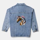 Mooi Paard Zwart Mane Roze Bloemen Denim Jacket (Achterkant)