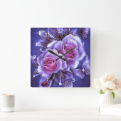 Mooi Paars Neon Roos en Lady Bug Vierkante Klok (Huis)