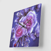 Mooi Paars Neon Roos en Lady Bug Vierkante Klok (Hoek)