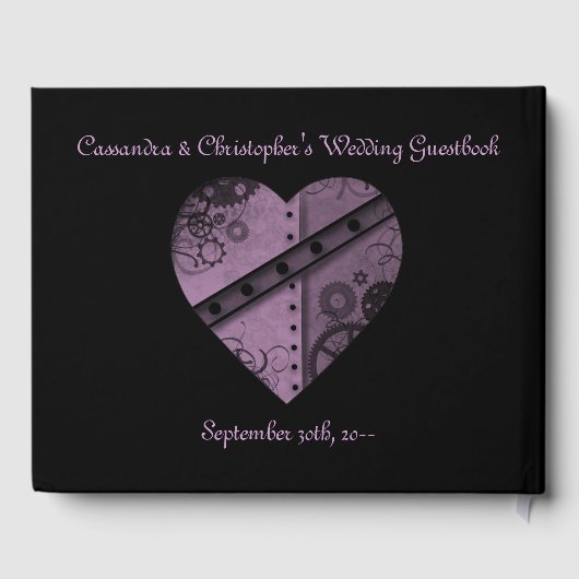 Mooi paarse steampunk hart op zwart gastenboek (Achterkant)