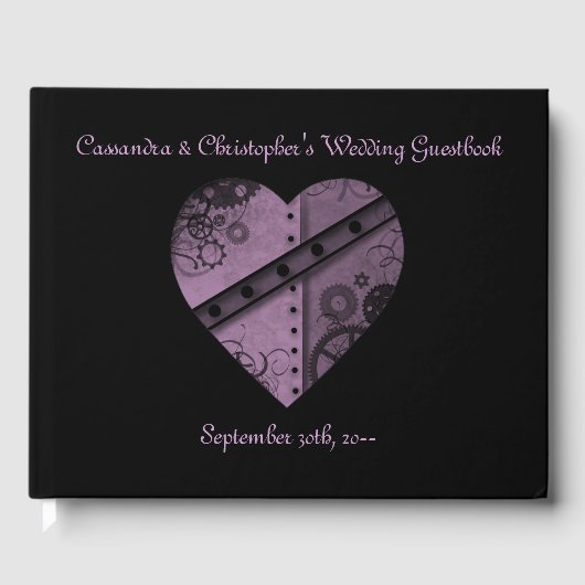 Mooi paarse steampunk hart op zwart gastenboek (Voorkant)