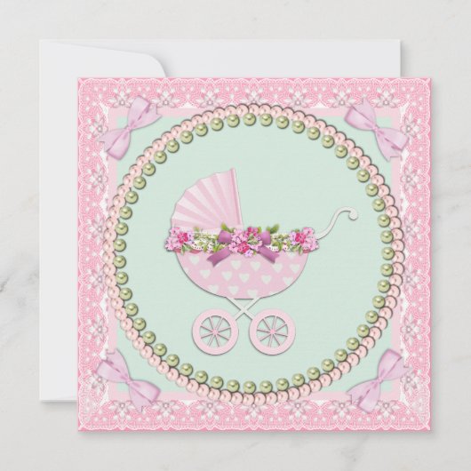 Mooi parelroze en groene babyshower kaart (Voorkant)