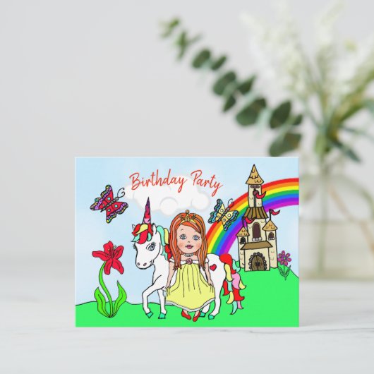 Mooi Prinses en Eenhoorn Verjaardagsuitnodiging Briefkaart (Staand voorkant)