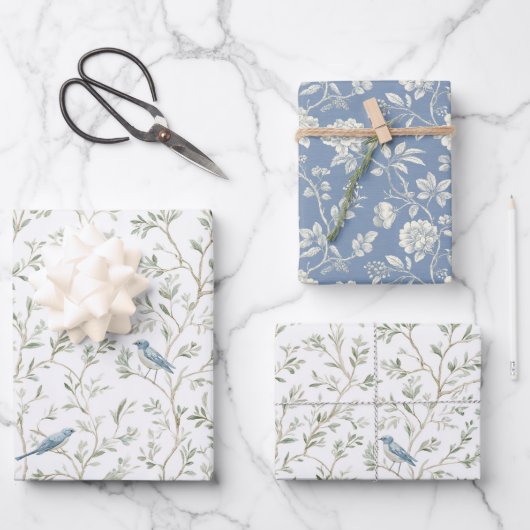 Mooi Romantisch Blauw Vogels Bloemen Bruids Shower Inpakpapier Vel (Voorkant)