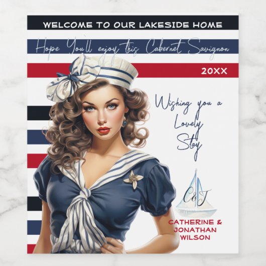 Mooi rood blauw nautische pin-up meisje custom wijn etiket (Enkel label)