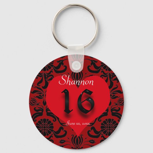 Mooi rood hart, Damask, zweet Sixteen Favor Sleutelhanger (Voorkant)