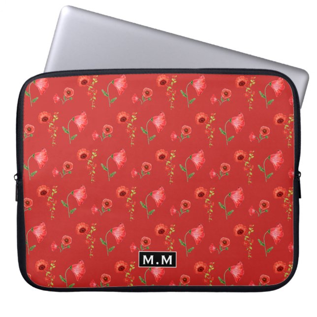 Mooi Rood Klaprozen Patroon Monogram Laptop Sleeve (Voorkant)