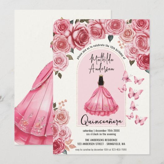 Mooi Roos Gouden Bloemen Prinses Quinceanera Kaart (Voorkant / Achterkant)