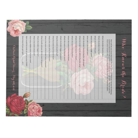 Mooi Roos Mason Jar Vrijgezellenfeest Game Notitieblok (Voorkant)