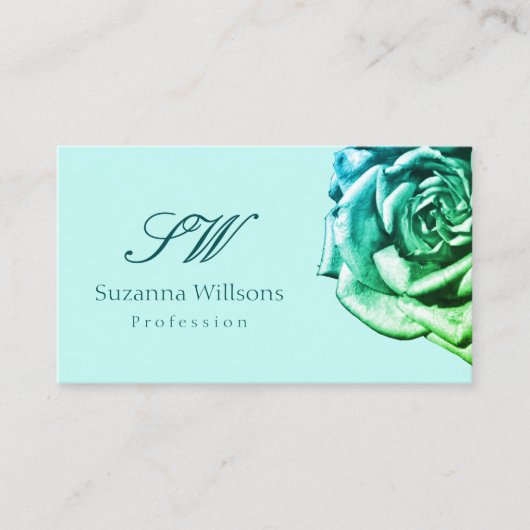Mooi Roos op gewoon Blauwgroen witte Initialen en Visitekaartje (Voorkant)