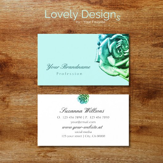 Mooi Roos op Plain Blauwgroen Wit Eenvoudig Visitekaartje