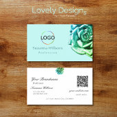 Mooi Roos op Plain Blauwgroen Wit met Logo QR Code Visitekaartje