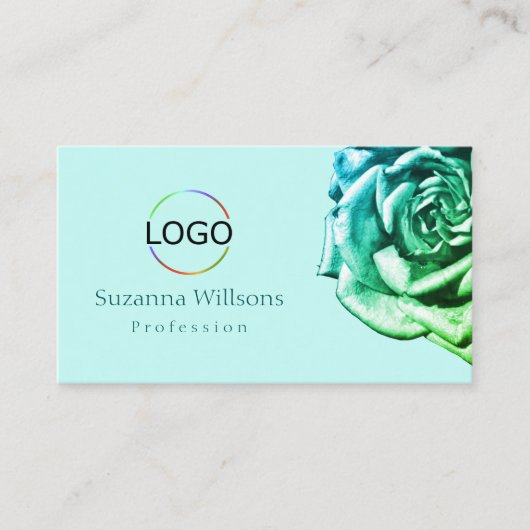 Mooi Roos op Plain Blauwgroen Wit met Logo Simple Visitekaartje (Voorkant)